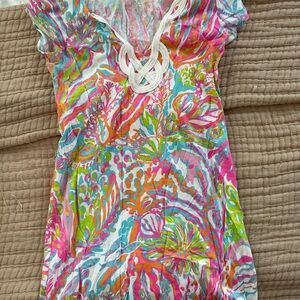 Colorful Tropical Print Short Dress with White Trim